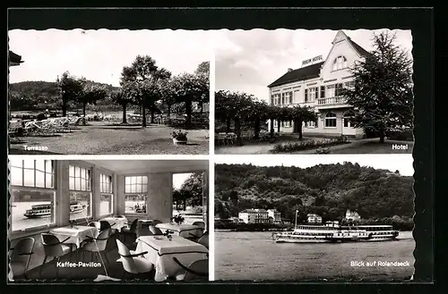 AK Bad Honnef / Rhein, Rheinhotel Spetsmann mit Terrasse, Kaffee-Pavillon u. Blick auf Rolandseck, Dampfer auf dem Rhein