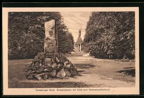 AK Detmold, Bismarckstein mit Blick zum Hermanns-Denkmal