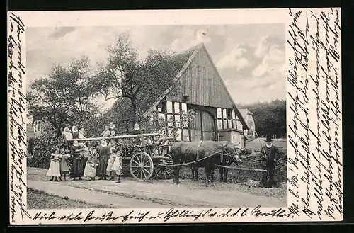 AK Bethel, Kinder mit Ochsenfuhrwerk vor einem Bauernhaus