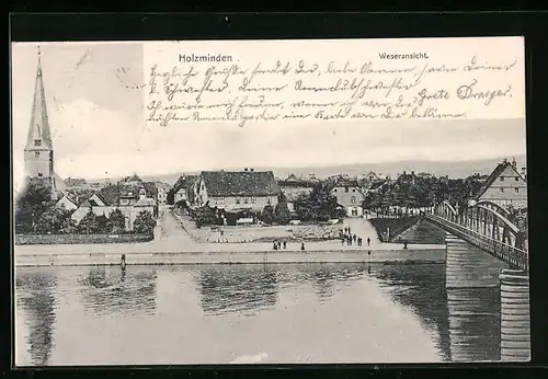 AK Holzminden, Weserpartie mit Brücke, Blick zur Kirche