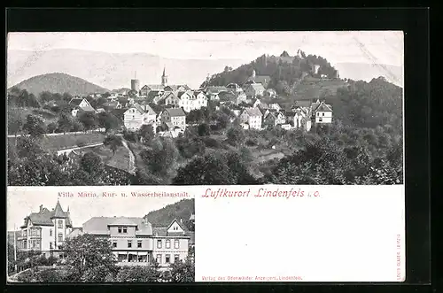 AK Lindenfels i. O., Ortsansicht aus der Vogelschau, Villa Maria, Kur- u. Wasserheilanstalt