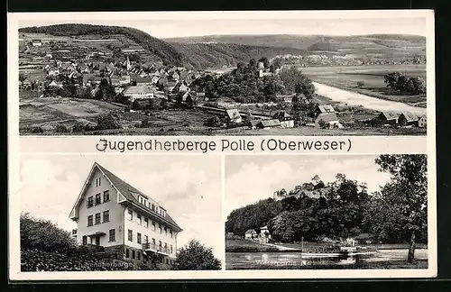 AK Polle / Weser, Ortsansicht aus der Vogelschau, Jugendherberge und Weserpartie