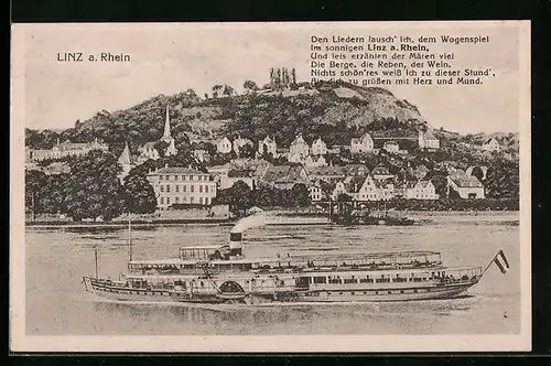 AK Linz / Rhein, Panorama, Rheinpartie mit Dampfer