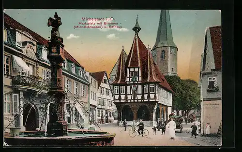 AK Michelstadt / Odw., Marktplatz mit Michelsbrunnen und Rathaus