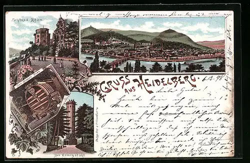 Lithographie Heidelberg, Generalansicht der Stadt, am Schloss Altan, das grosse Fass, der Königstuhl