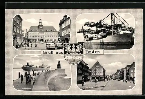 AK Emden, Kohlenkai, Blick in die Neutorstrasse, vor dem Rathaus, Leuchtturm auf der Westmole