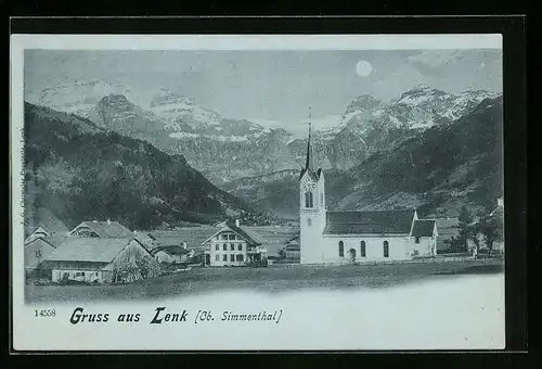 Mondschein-AK Lenk /Ob.-Simmenthal, Ortspartie mit Kirche