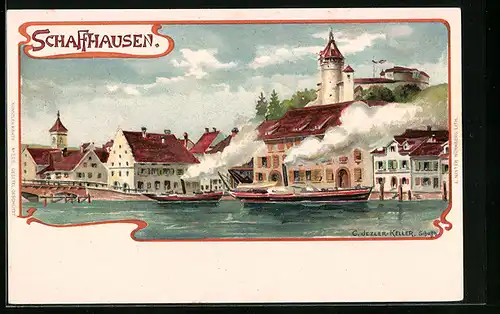 Künstler-AK Schaffhausen, Uferpartie mit Dampfbooten