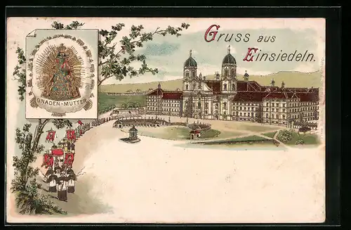 Präge-Künstler-AK Einsiedeln, Kloster mit Prozession, Gnadenbild