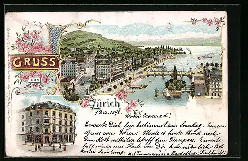 Lithographie Zürich, Uferpartie mit Hotel, Zürcher Engros-Lager Jul. Brann