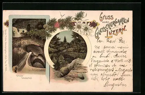 Lithographie Luzern, Grösster Gletschertopf, Ortspartie