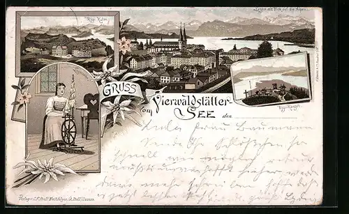 Lithographie Luzern /Vierwaldstättersee, Rigi Kulm, Rigi-Känzeli, Luzernerin