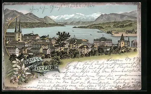 Lithographie Luzern, Teilansicht mit Hotel