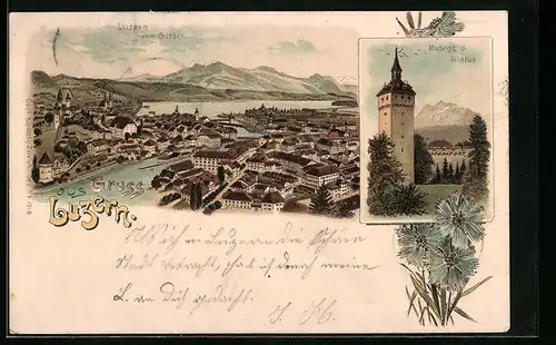 Lithographie Luzern, Teilansicht vom Gütsch, Musegg und Pilatus