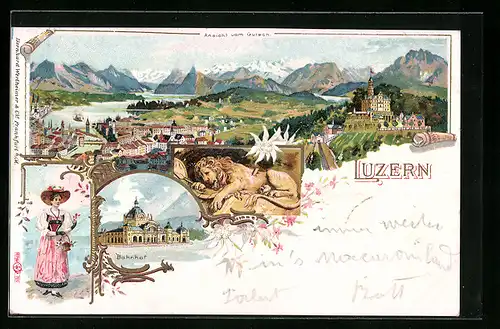 Lithographie Luzern, Teilansicht vom Gütsch, Bahnhof, Löwendenkmal