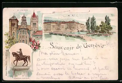 Lithographie Genève, Panorama, St. Pierre, Général Dufour