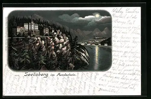 Lithographie Seelisberg, Uferpartie im Mondschein