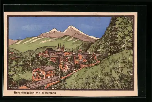 Steindruck-AK Berchtesgaden, Ortsansicht mit Watzmann