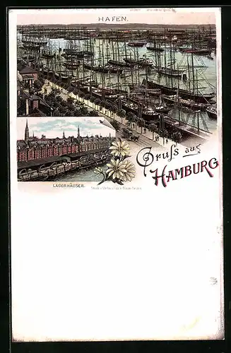 Lithographie Hamburg-Harburg, Hafen, Lagerhäuser