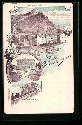 Lithographie Starnberg /Starnbergersee, Rottmannshöhe, Drahtseilbahn, Gebäudeansicht