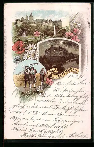 Lithographie Altenburg, Burg bei Mondschein und tagsüber, Bauernpaar