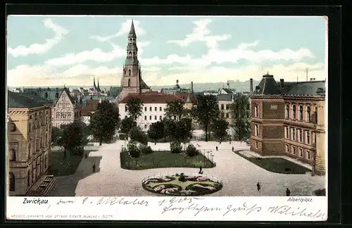 AK Zwickau, Albertplatz mit Kirche