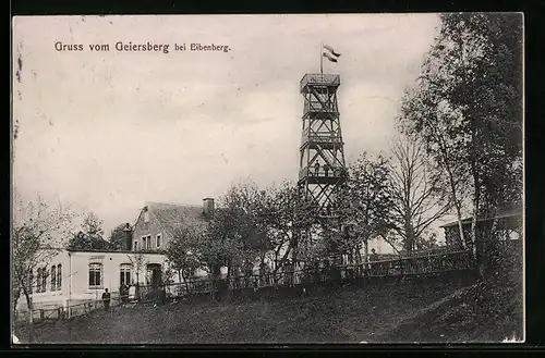 AK Geiersberg bei Eibenberg, Ortspartie mit Aussichtsturm