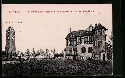 AK Chemnitz, Bismarckschlösschen und Bismarckturm auf der Bornaer Höhe