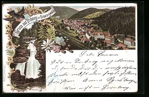 Lithographie Triberg im Schwarzwald, Teilansicht, Wasserfall