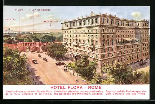 AK Rom, Hotel Flora mit Park der Villa Borghese und des Pincio