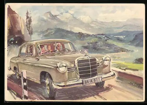 AK Familie in Mercedes Benz 180 unterwegs im Gebirge