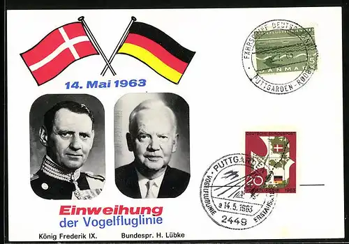 AK Puttgarden, Einweihung der Vogelfluglinie Rodby1963, Portraits König Frederik IX. von Dänemark, Bundespräsident Lübke