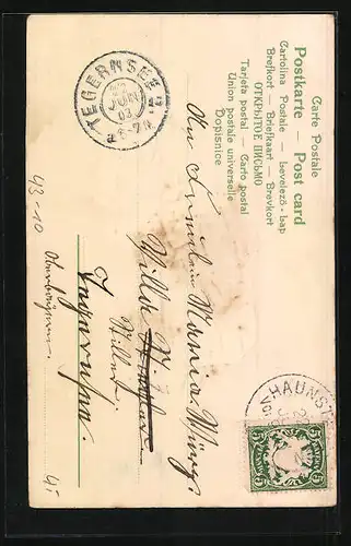 Lithographie Liebespaar in Tracht vor Bergkulisse mit Kirche