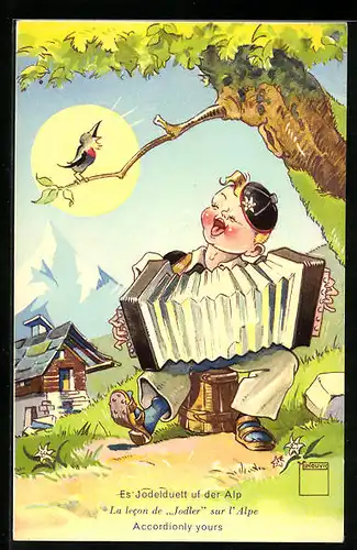 Künstler-AK Paul Minouvis: Jodelduett, Vogel und kleiner Musikant