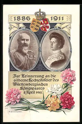 AK Silberne Hochzeit des Königspaares von Württemberg 1911, Portraits und Wappen
