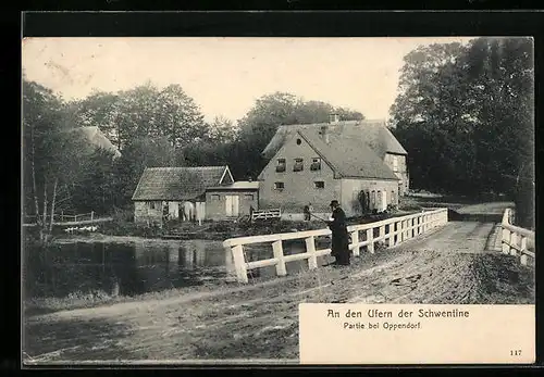 AK Oppendorf, Schwentinebrücke mit Angler vor einem Gehöft