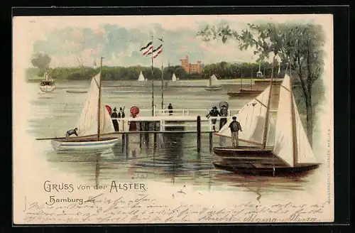 Lithographie Hamburg, Alsterpartie mit Segelbooten am Anleger