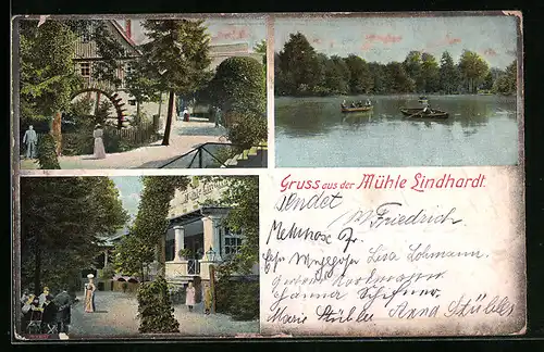 Lithographie Naunhof, vor dem Gasthof Mühle Lindhardt, Gartenlokal, Ruderboote auf der Mulde