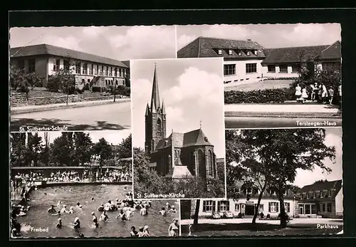 AK Heiligenhaus, St. Suitbertus-Schule und -Kirche, Tersteegen-Haus, Parkhaus und Freibad