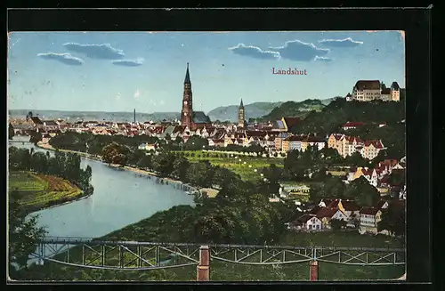 AK Landshut, Ortsansicht und Flusspartie aus der Vogelschau
