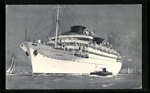Künstler-AK Passagierschiff Chella verlässt den Hafen