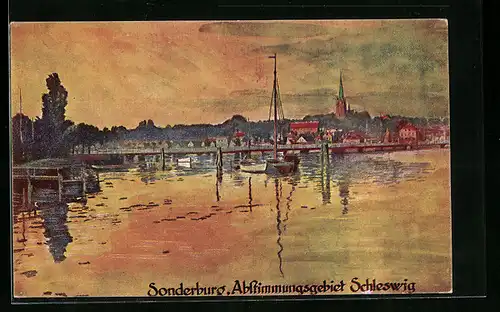 AK Sonderburg-Schleswig, Uferpartie mit Booten