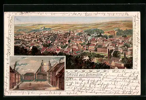 Lithographie Schmölln, Teilansicht, Marktplatz