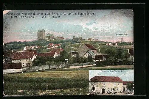 AK Wallwitz / Petersberge, Ortsansicht, Gasthof Preussischer Adler, Bismarckturm
