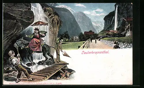 AK Lauterbrunnen, Ortspartie mit Strasse, Frau auf einem Esel am Wasserfall