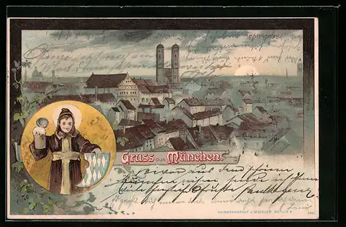 Lithographie München, Ortspartie mit Frauenkirche, Münchner Kindl