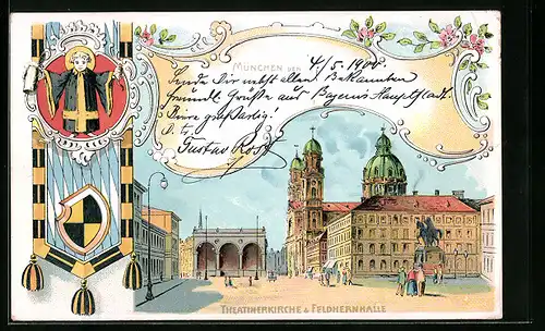 Lithographie München, Theatinerkirche & Feldhernhalle, Münchner Kindl
