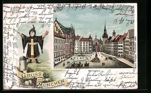 Lithographie München, Marienplatz, Münchner Kindl