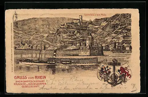 Lithographie Kaub, Gutenfels und die Pfalz, Rheindampfer Elsa, Wappen