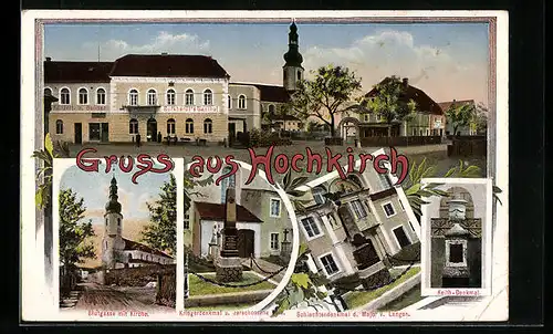 AK Hochkirch, Konzert- und Ballsaal Burkhardt`s Gasthof, Blutgasse mit Kirche, Keith-Denkmal